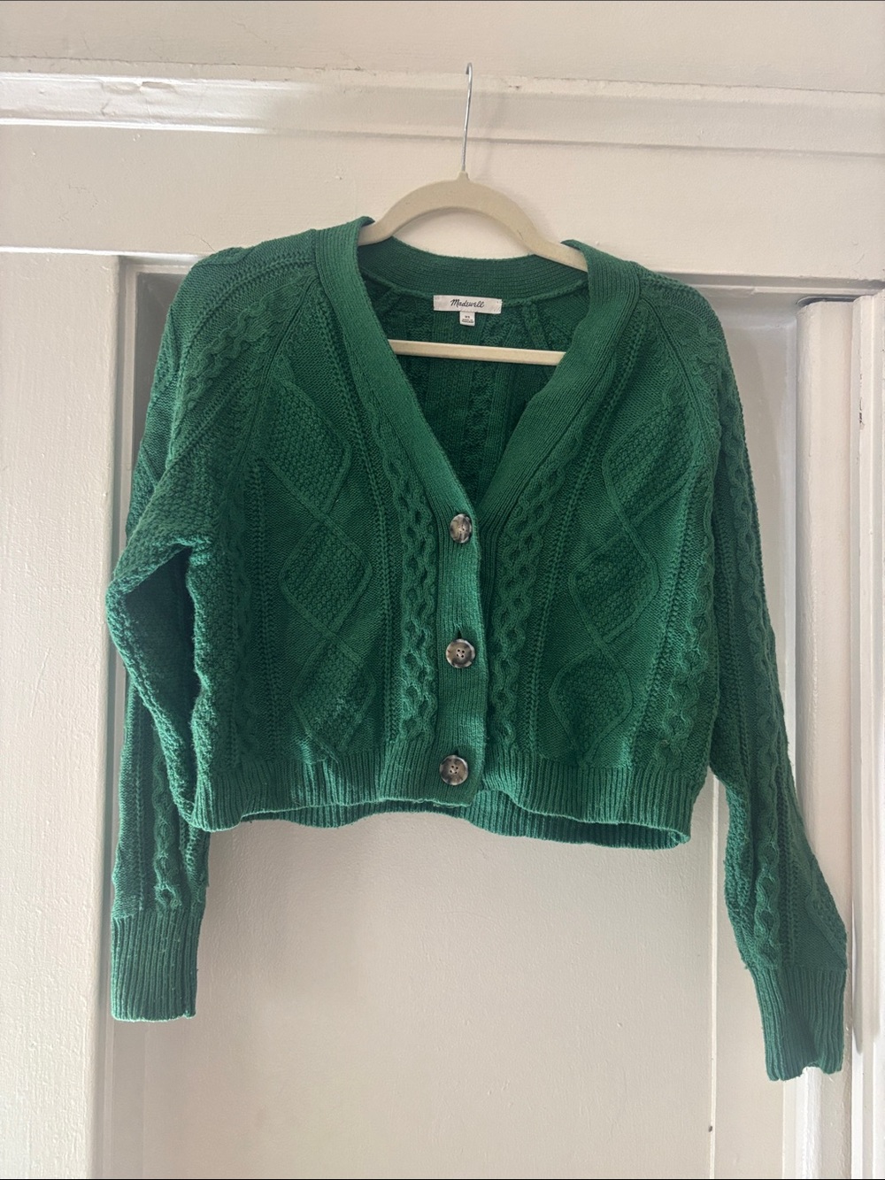 Madewell Kelly Green Cropped Cable Cardigan